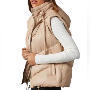 TCEC Tan Brown Faux Leather Oversized Hooded Sleeveless Puffer Vest Size XS